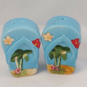 Ceramic Stand Up Flip Flop Salt & Pepper Shakers tropical beach scene set